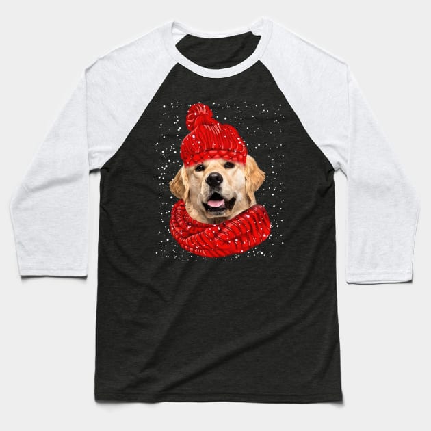 Golden Retriever Wearing Red Hat And Scarf Christmas Baseball T-Shirt by Tagliarini Kristi